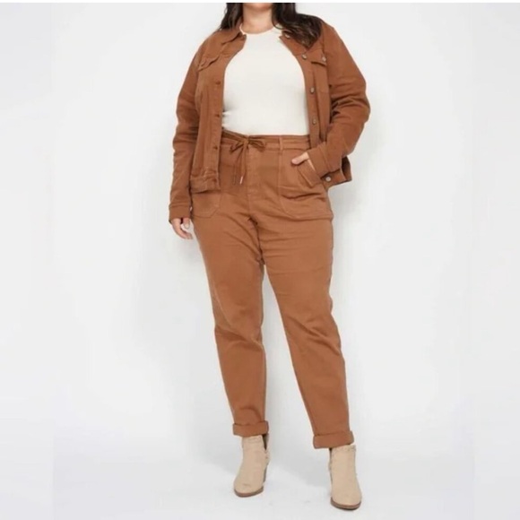 Judy Blue Pants - JUDY BLUE Pants Womens 14W Brown Garment Dyed Tie Waist Tapered Leg